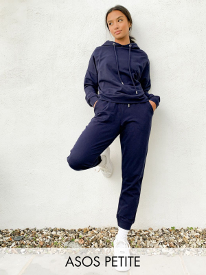 Asos Design Petite Tracksuit Hoodie / Slim Sweatpants With Tie In Organic Cotton In Navy