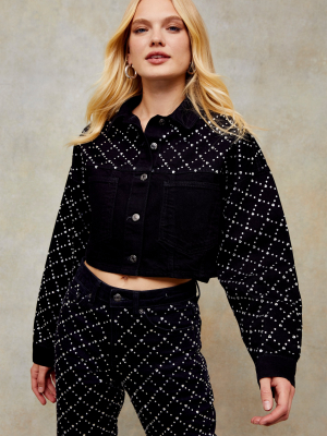 Considered Black Diamante Embellished Jacket And Straight Jeans Co-ord