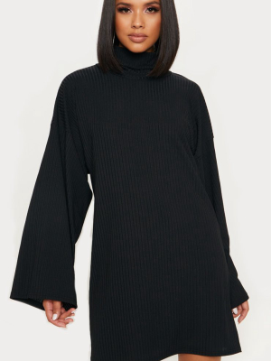 Black Wide Rib High Neck Oversized Jumper Dress