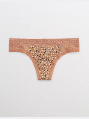 Aerie Queens Lace Cotton Thong Underwear