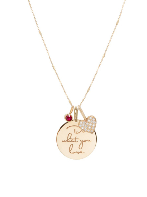 14k Gold Do What You Love Mantra Charm Necklace With Heart And Ruby