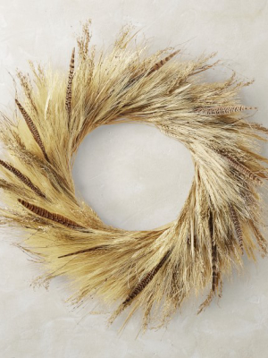 Corn Husk And Pheasant Feather Wreath, 30"