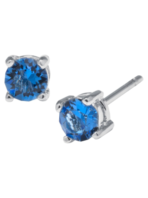 Silver Plated Brass Blue Stud Earrings With Crystals From Swarovski (4mm)