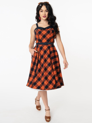 Unique Vintage Orange & Dark Navy Plaid Rachel Swing Dress