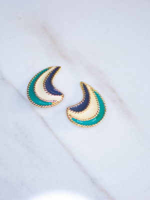 Vintage Teal, Blue, And Cream Enamel Swirl Statement Earrings