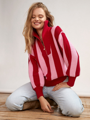 Lorna Pink Stripe Zip Collar Cotton Sweater