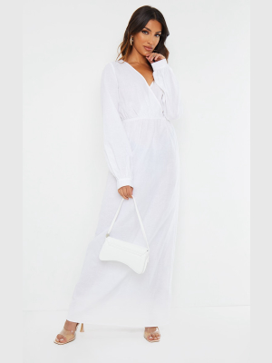 White Woven Elastic Waist V Neck Maxi Dress