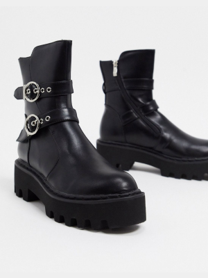 Lamoda Chunky Flat Boots With Double Buckle In Black