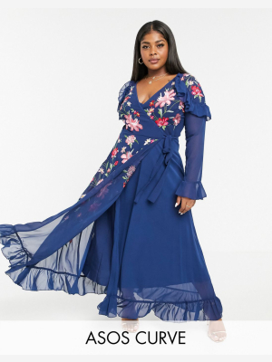 Asos Design Curve Embroidered Wrap Maxi Dress With Pephem And Fluted Sleeves In Navy