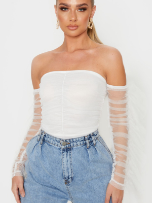 White Mesh Frill Sleeve Bardot Bodysuit