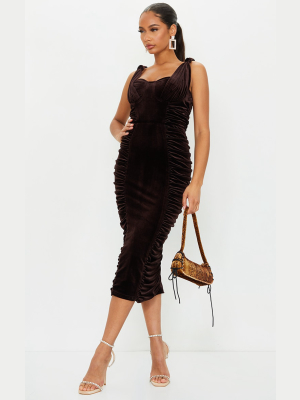 Chocolate Velvet Knot Strap Ruched Midi Dress