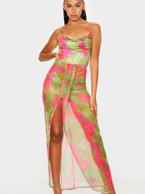 Pink Snake Print Mesh Drape Detail Split Maxi...