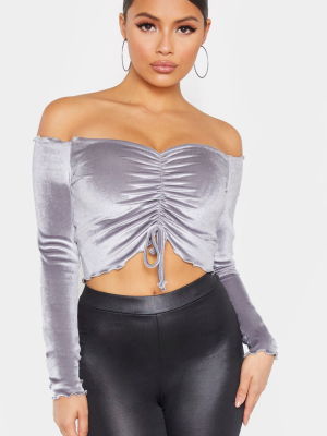 Petite Grey Velvet Ruched Long Sleeve Crop Top