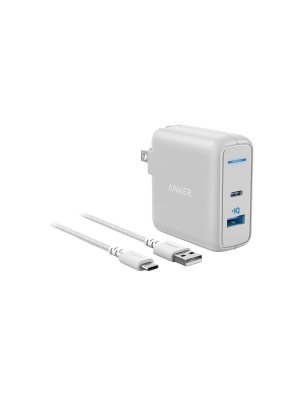 Anker 2-port Powerport 27w Usb-c & Usb-a Wall Charger (with 6' Usb-c To Usb-a Cable) - White