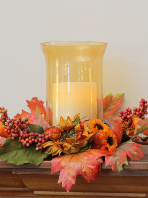 Northlight 16" Orange And Red Sunflower With Pumpkin Fall Pillar Candle Holder