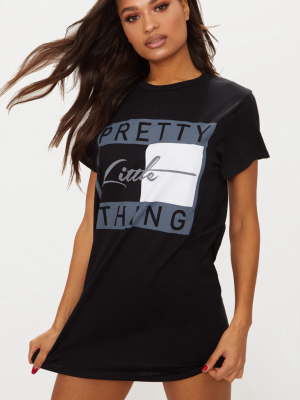 Prettylittlething Black Print T Shirt Dress