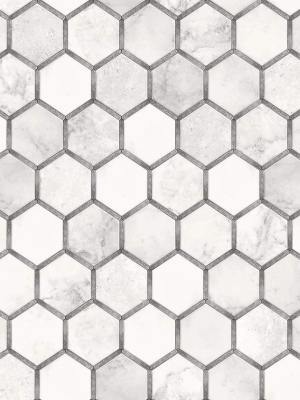 Inlay Hexagon Peel-and-stick Wallpaper In Carrara And Silver By Nextwall