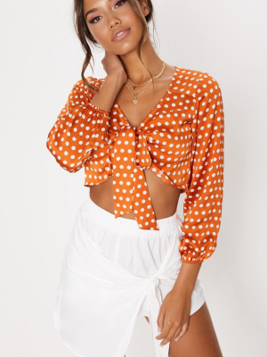 Burnt Orange Satin Polka Dot Tie Front Blouse