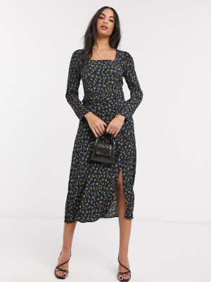 Warehouse Ditsy Square Neck Midi Dress In Black