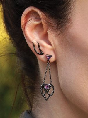 Black Rhodium Plated Silver Double Bow Earrings With Amethyst And Black Spinel