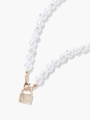 Lock Pendant Faux Pearl Necklace