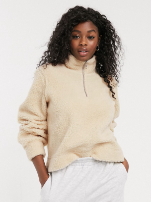 Pieces Borg Sweater With Half Zip In Cream