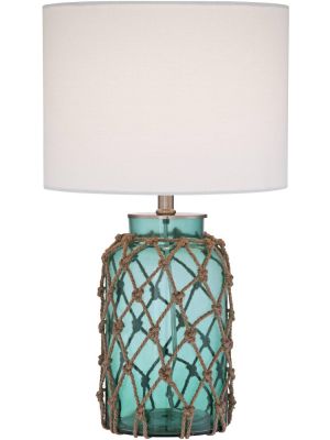 360 Lighting Nautical Accent Table Lamp Coastal Blue Green Glass Rope Net Off White Drum Shade For Living Room Family Bedroom