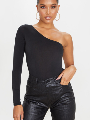 Black Slinky One Shoulder Long Sleeve Bodysuit