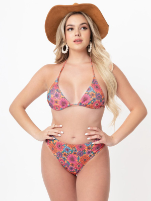 Orange & Floral High Triangle Bikini Top