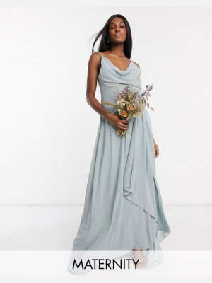 Tfnc Maternity Bridesmaid Cowl Neck Cami Strap Maxi Dress With Train In Sage