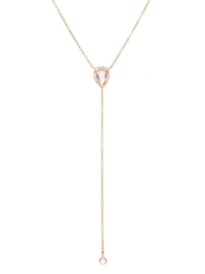 Diamond White Topaz Teardrop Lariat Necklace In Yellow Gold