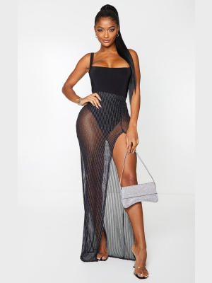 Shape Black Glitter Mesh Stripe Split Front...