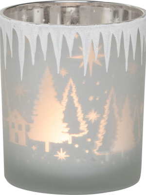 Transpac Glass 4 In. White Christmas Scene Candle Holder