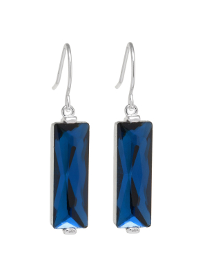 Silver Plated Brass Rectangular Dark Blue Crystal Drop Earrings