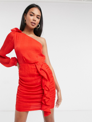 Aria Cove One Shoulder Ruffle Mini Dress In Red