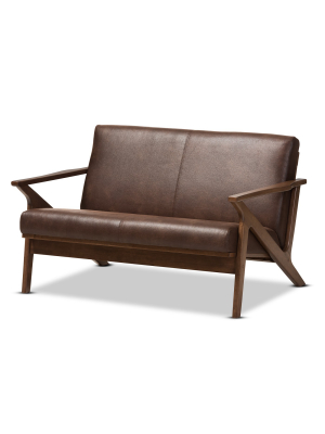 Bianca Mid Modern Walnut Wood Distressed Faux Leather 2 Seater Loveseat Dark Brown - Baxton Studio