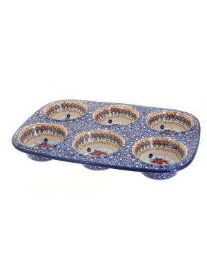 Blue Rose Polish Pottery Red Daisy Muffin Pan