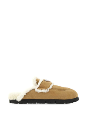 Prada Triangle Logo Shearling Slippers