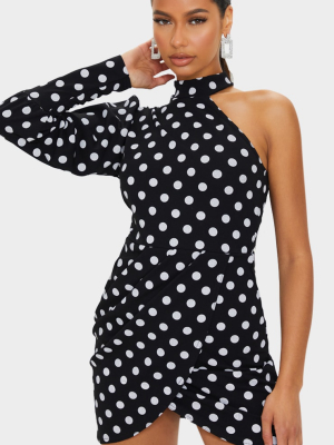 Black Polka Dot One Shoulder Puff Sleeve Wrap...