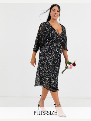 Maya Plus Bridesmaid Delicate Sequin Wrap Midi Dress In Black