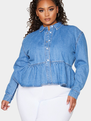 Plus Mid Blue Wash Denim Frill Hem Shirt