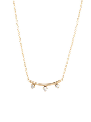 14k Short Curved Bar Necklace With 3 Prong Diamonds
