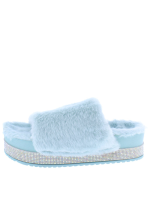 Cecillia09cl Blue Faux Fur Rhinestone Platform Slide Sandal