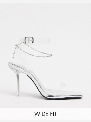 Public Desire Wide Fit April Heeled Sandal With Anklet In Silver