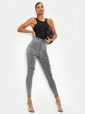 Prettylittlething Washed Grey Rip Distressed...