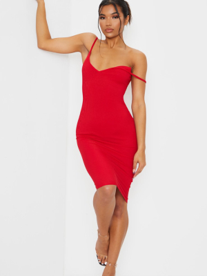 Red Ribbed Plunge Bodycon Dress