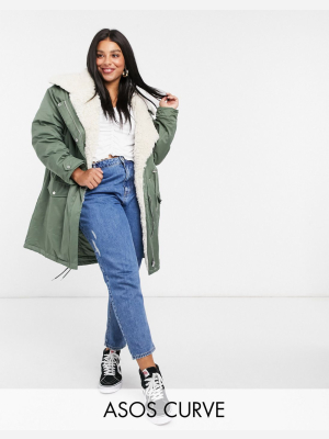 Asos Design Curve Waterfall Parka With Fleece Lining In Khaki