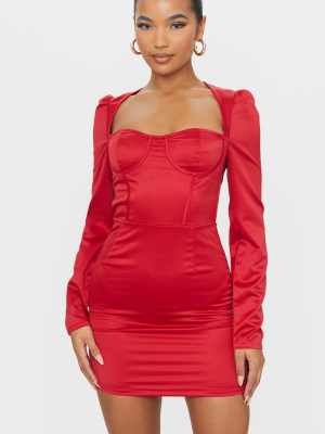 Red Long Sleeve Corset Detail Tie Back Bodycon...