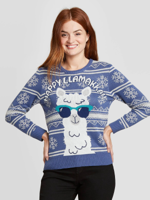 Women's Happy Llamakkah Pullover Sweater - Dark Blue