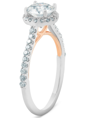 Pompeii3 1 3/8ct Diamond & Moissanite Halo Two Tone Engagement Ring 14k Rose & White Gold